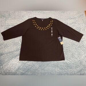 NWT Jones New York Top Blouse Black w/Gold Sz 3X Signature Stretch 3/4 Sleeve
